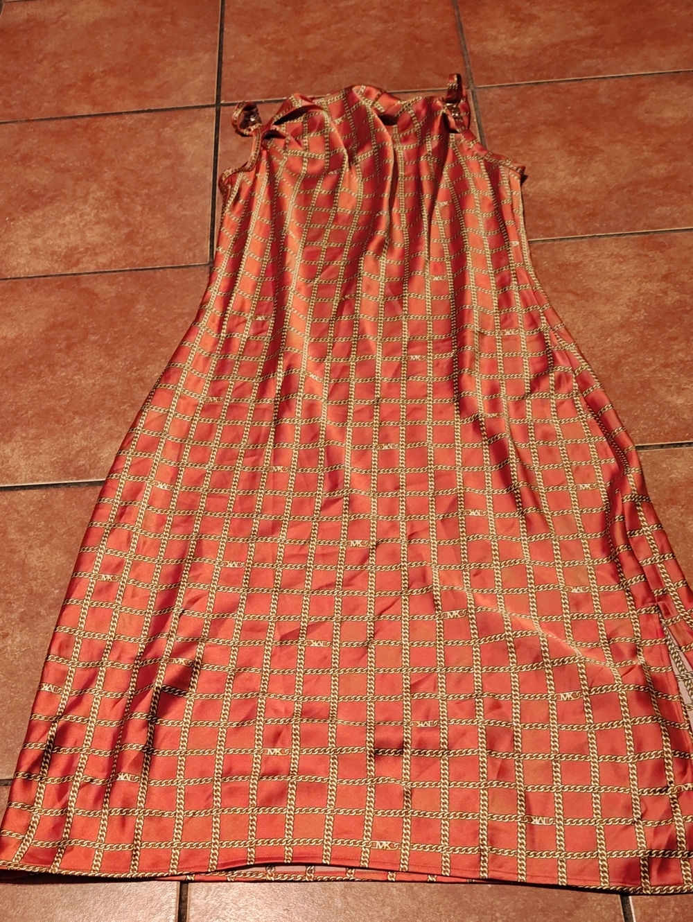 Michael Kors Orange Strapless Chain-Grid Slip Dress
